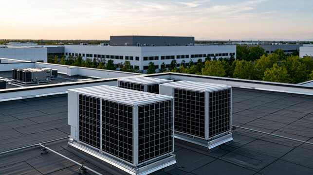Aerial view of multiple HVAC condensing units on a commercial flat roof, large building climate management concept, with copy space
