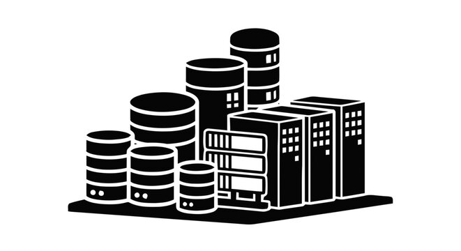 Vector illustration of server racks and databases on a transparent background