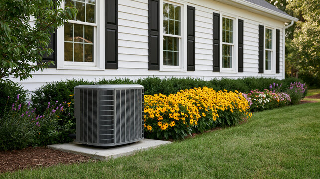 Outdoor home cooling unit on a concrete pad next to a white-sided house with vibrant flower beds, residential HVAC curb appeal concept, with copy space