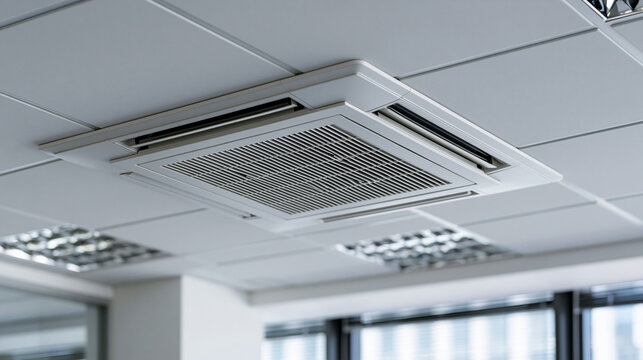 Modern office ceiling with a ceiling-mounted air conditioner and lighting, workspace climate control concept, with copy space