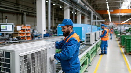 Workers assembling air conditioners on a production line in a modern manufacturing plant, industrial HVAC production concept, with copy space