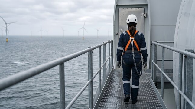 Rear View Technician Walking Along Offshore Turbine Service Walkway