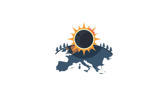 Solar Eclipse Over Europe Silhouette Map, Sun and Moon Abstract