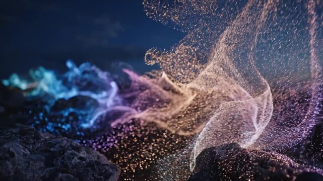 Glowing purple and blue energy wisps on dark rocks.