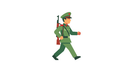 Fototapeta premium Soldier Marching with Rifle, Military Uniform, Green Camouflage, Side View, White Background