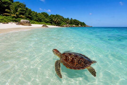Green sea turtle swimming in crystal clear turquoise ocean water near tropical white sand beach with palm trees, peaceful paradise island vacation concept, vibrant wide angle view