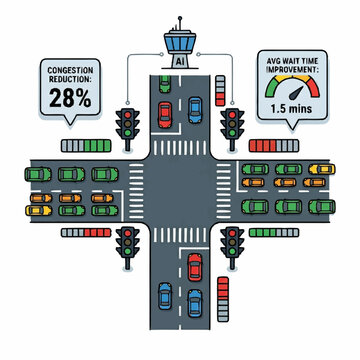 AI smart traffic management system showing data metrics and intersection flow optimization.
