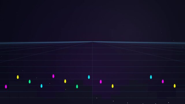 Synthwave Perspective Grid with Glowing Colorful Lights

Deskripsi: Retro 80s synthwave style looping background featuring a neo