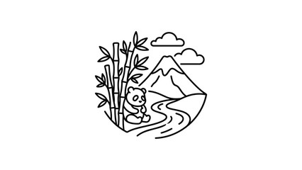 Minimalist line art illustration of a cute panda bear sitting by bamboo stalks and a mountain. © Kasut