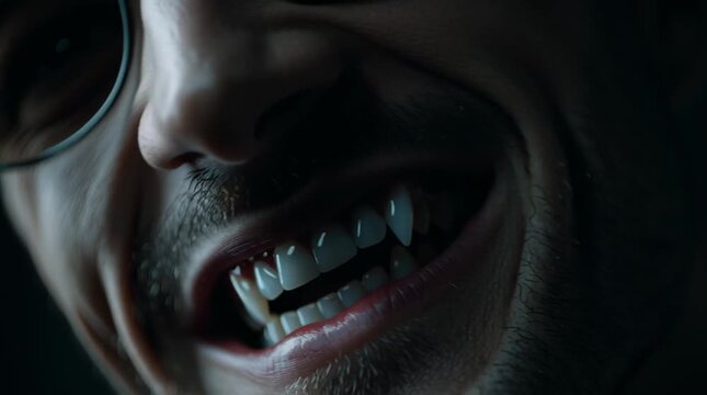 Close up of a man with vampire fangs smiling in the dark with red collar visible