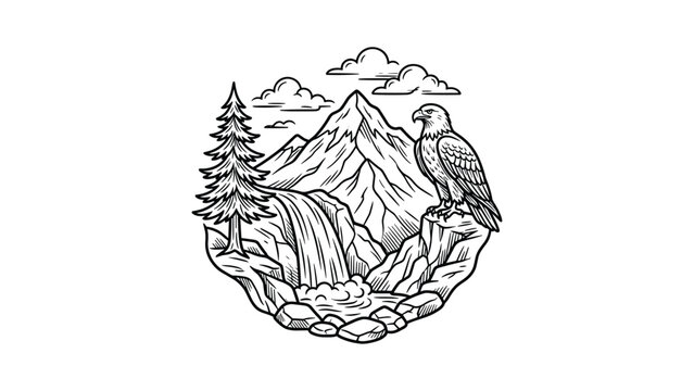 Eagle perched on a rocky mountain cliff with waterfall and pine tree line art.