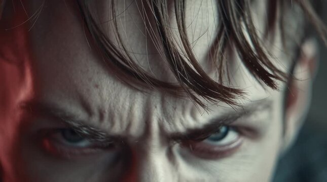 Close up of a man with vampire fangs and blue eyes showing teeth in a menacing expression