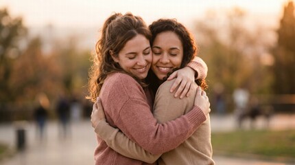 Fototapeta premium Emotional embrace between friends at sunset outdoor park candid photography warm atmosphere soft light