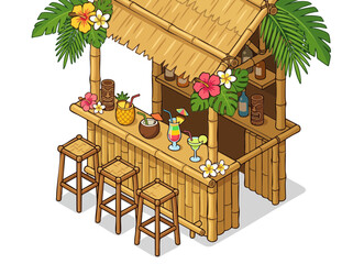 Obraz premium Isometric Tropical Tiki Bar with Bamboo and Exotic Cocktails