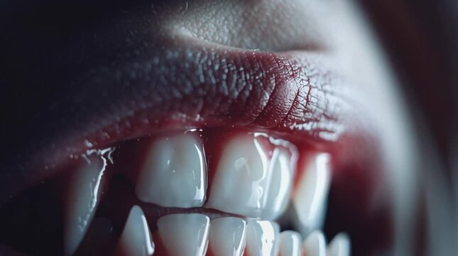 Close up of a woman's mouth with sharp vampire fangs and red lips