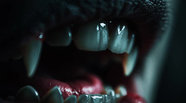 Close up of a vampire mouth with sharp fangs and bloody lips in dark lighting