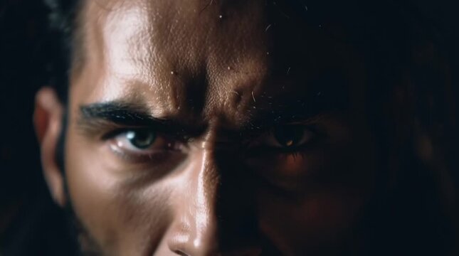 Fierce man with vampire fangs snarling in darkness with intense eyes