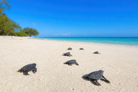 Baby sea turtle hatchlings crawling on white sand beach towards turquoise ocean under clear blue sky, wildlife conservation concept, close-up wide angle