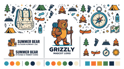 Fototapeta premium Hiking Grizzly Bear Mascot and Camping Icon Illustration Set