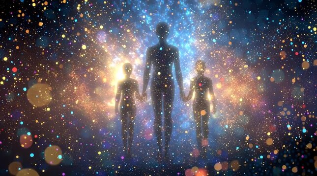 Family silhouette walking through a magical galaxy of stars and bokeh lights