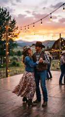 Obraz premium Couple dancing at sunset barn party with string lights