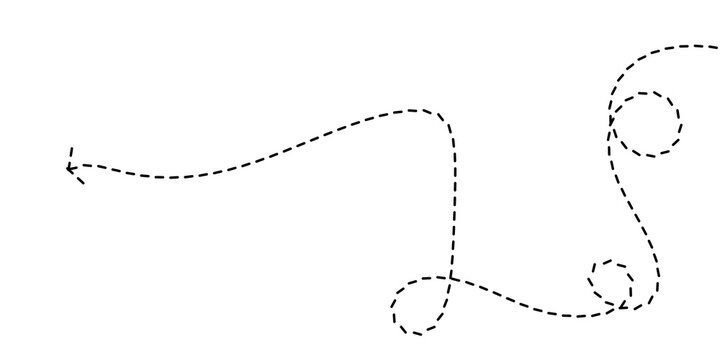 Dashed line tracing a winding path with a leftward arrow indicating direction and motion