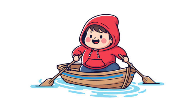 Happy child rowing a small boat outdoors alone.