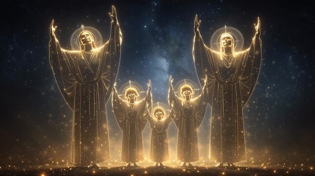 Golden Family Figures with Halos Against a Starry Cosmic Background