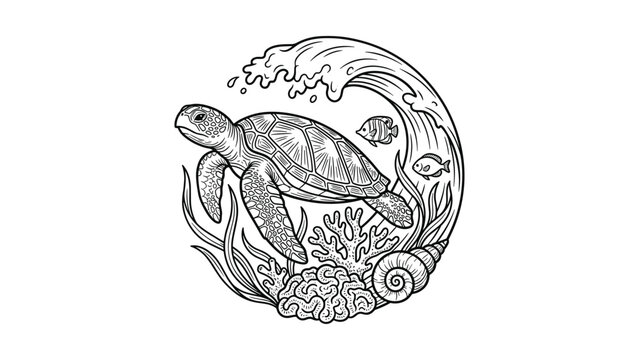 Detailed hand drawn illustration of a sea turtle swimming under a breaking wave.