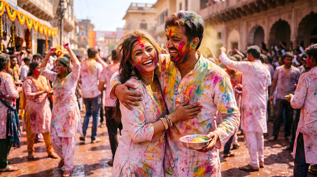 Couple celebrating Holi festival with colored powder