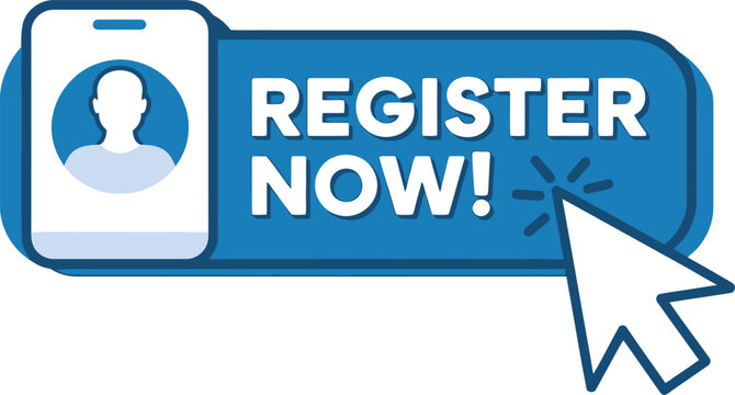 Blue and white register now button with a smartphone and a cursor