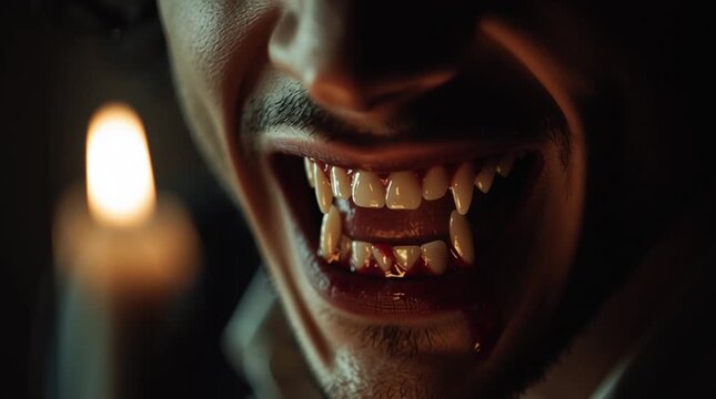 Close up of a man with vampire fangs and blood dripping from his mouth lit by candlelight