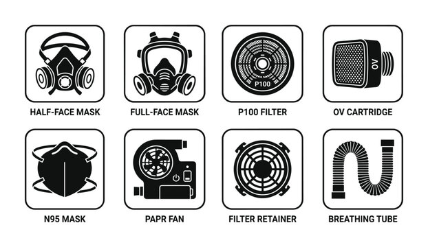 Collection of Respiratory Protection Equipment Components Icons for Industrial Safety