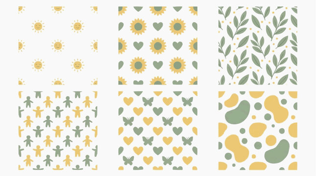 A collection of six seamless patterns featuring whimsical motifs like suns, sunflowers, leaves, gingerbread men, butterflies, and abstract shapes in a soft, pastel color palette