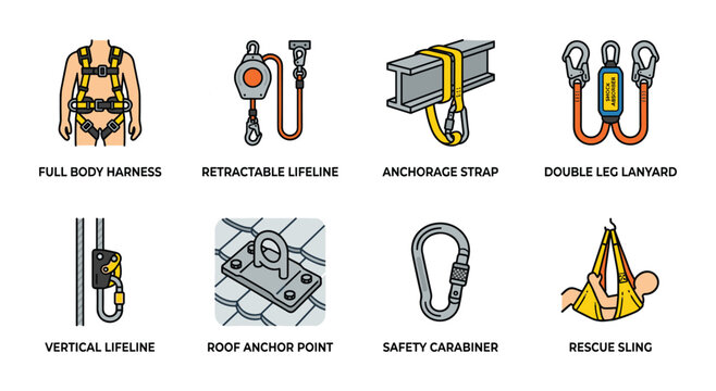 Vector collection of fall protection equipment icons for industrial safety