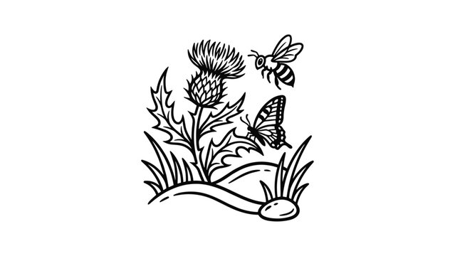 Black and white line art illustration of a thistle flower with a butterfly and a bee.