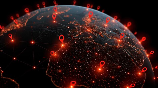 Global network of connections and locations shown on a dark planet with glowing lights and red map pins