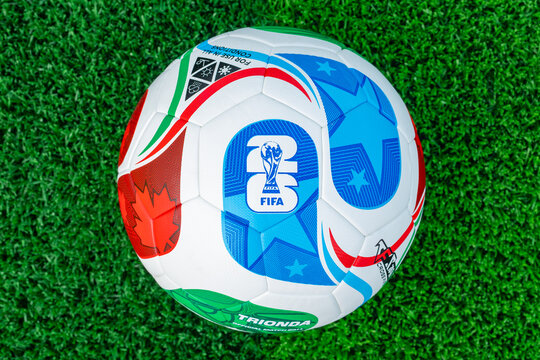 ZHONGSHAN China-December 14 2025: top view 2026 World Cup soccer on the grass at horizontal composition.