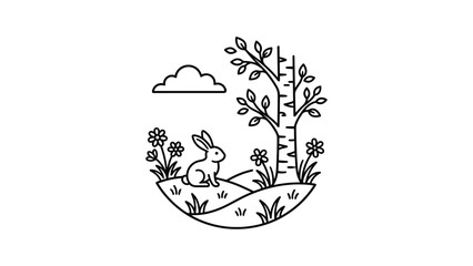 Minimalist line art illustration of a cute bunny in a nature meadow. © Inova