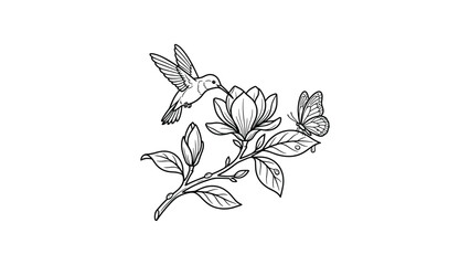 Elegant hand drawn line art illustration of a hummingbird and butterfly with a magnolia flower branch. © Inova