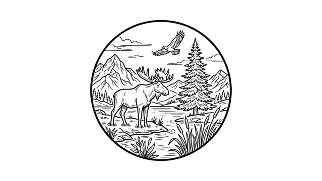 Black and white line art illustration of a majestic bull moose standing in a wilderness landscape.