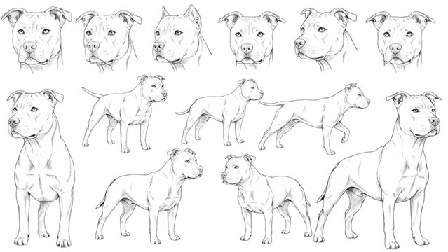 Pitbull dog breed sketch drawings set featuring various poses standing profile views and detailed head portraits of muscular terriers