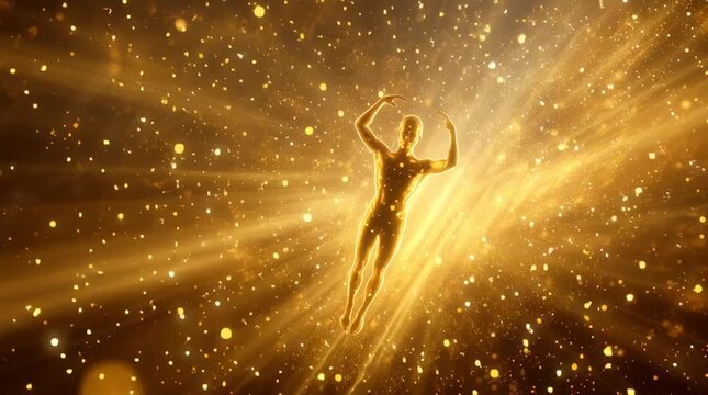 Golden Human Figure Ascending Through Cosmic Nebula with Light Rays and Stars