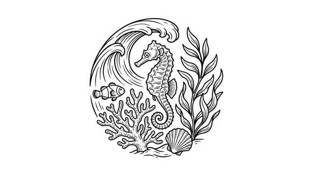 Hand drawn circular composition with a seahorse surrounded by ocean elements.
