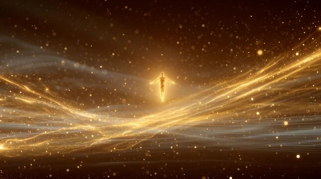 Golden human silhouette glowing with light particles in cosmic nebula