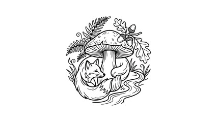 Line art illustration of a cute fox sleeping beside a large forest mushroom. © jenci