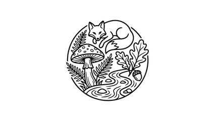 Circular line art illustration of a sleeping fox in a forest scene. © jenci