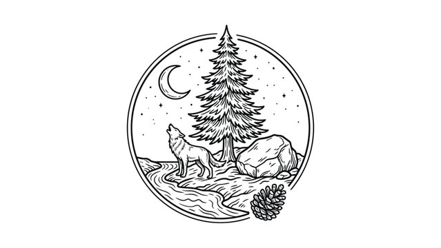Hand drawn illustration of a howling wolf with pine tree and crescent moon.