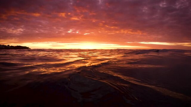 Slow motion video of rippling ocean water reflecting a glowing red and orange sunrise as the sun rises above the horizon at Bronte Beach, Sydney, Australia.