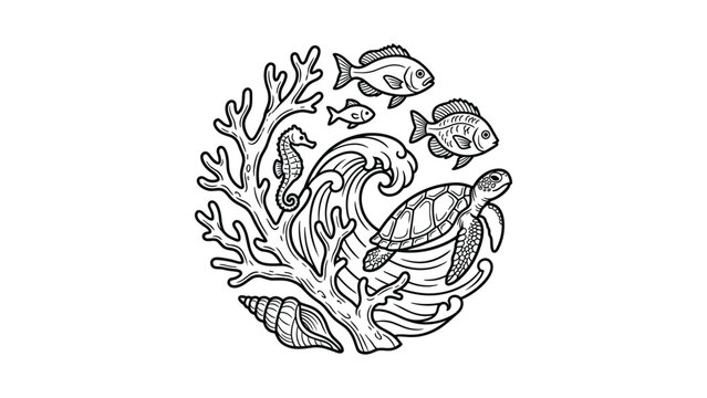 Circular illustration of marine life featuring a sea turtle coral reef and fish.